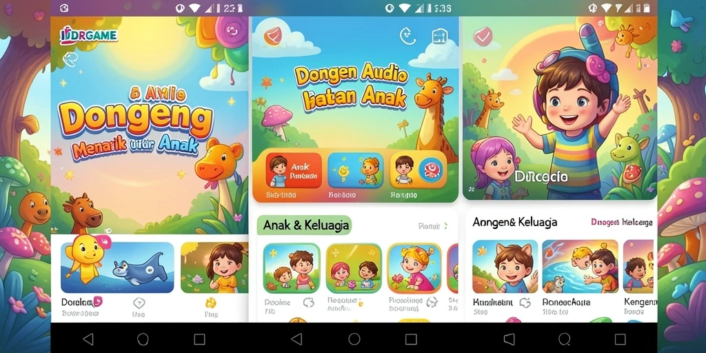 Tampilan antarmuka aplikasi IDRGAME dengan fitur Dongeng Audio yang menarik.